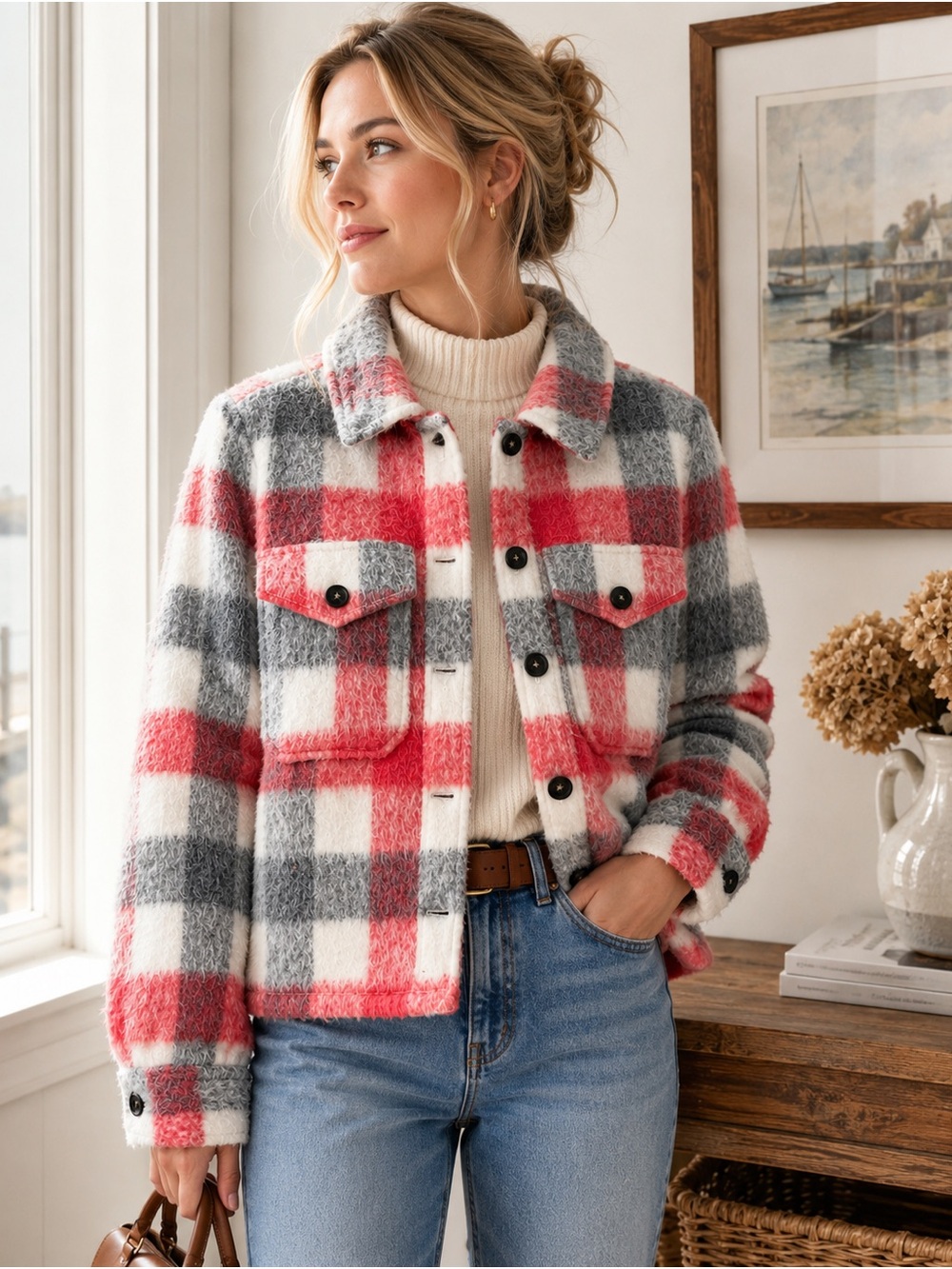 LOFT Wool Blend Plaid Cropped Jacket Shacket Coral Gray Cream M Preppy